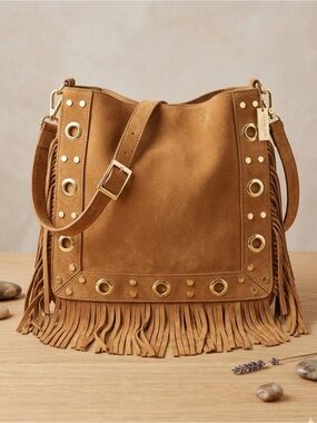 NWT Marlon Firenze Suede Fringe Hobo Bag Grommet Crossbody